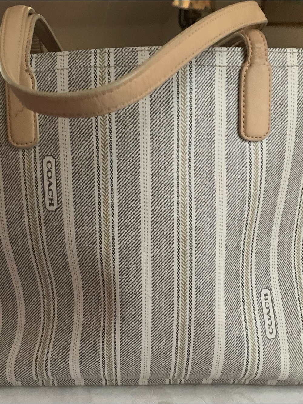 Coach weekend gray ticking stripe PVC tote bag 23108